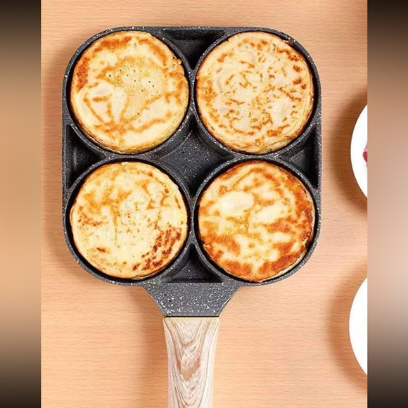 1pc Fry Pan For Egg, Non Stick Ham Pancake Maker w/ Wooden Handle, 4 holes - Picture 7 of 8